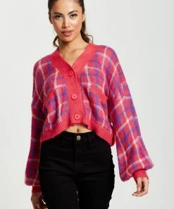 Liquorish Check V-Neck Button Down Cardigan in Pink