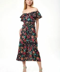 Liquorish Belted Midi Dress with Off Shoulder Sleeves in Black Based Floral Print - Multicolour