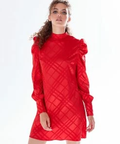 Liquorish check jacquard mini dress with high neck & puff sleeve detail in red