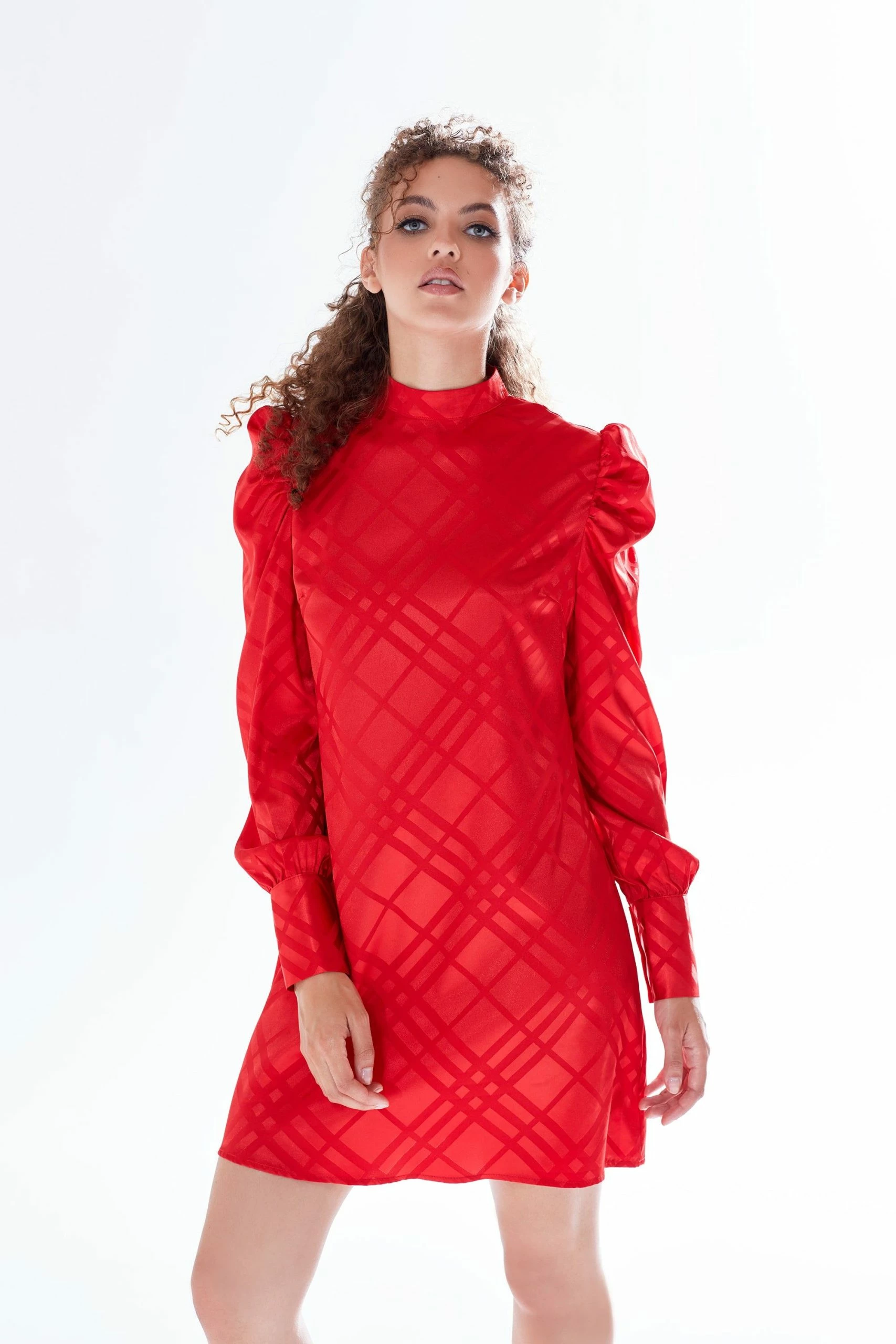 Liquorish check jacquard mini dress with high neck & puff sleeve detail in red 3 Liquorish check jacquard mini dress with high neck & puff sleeve detail in red