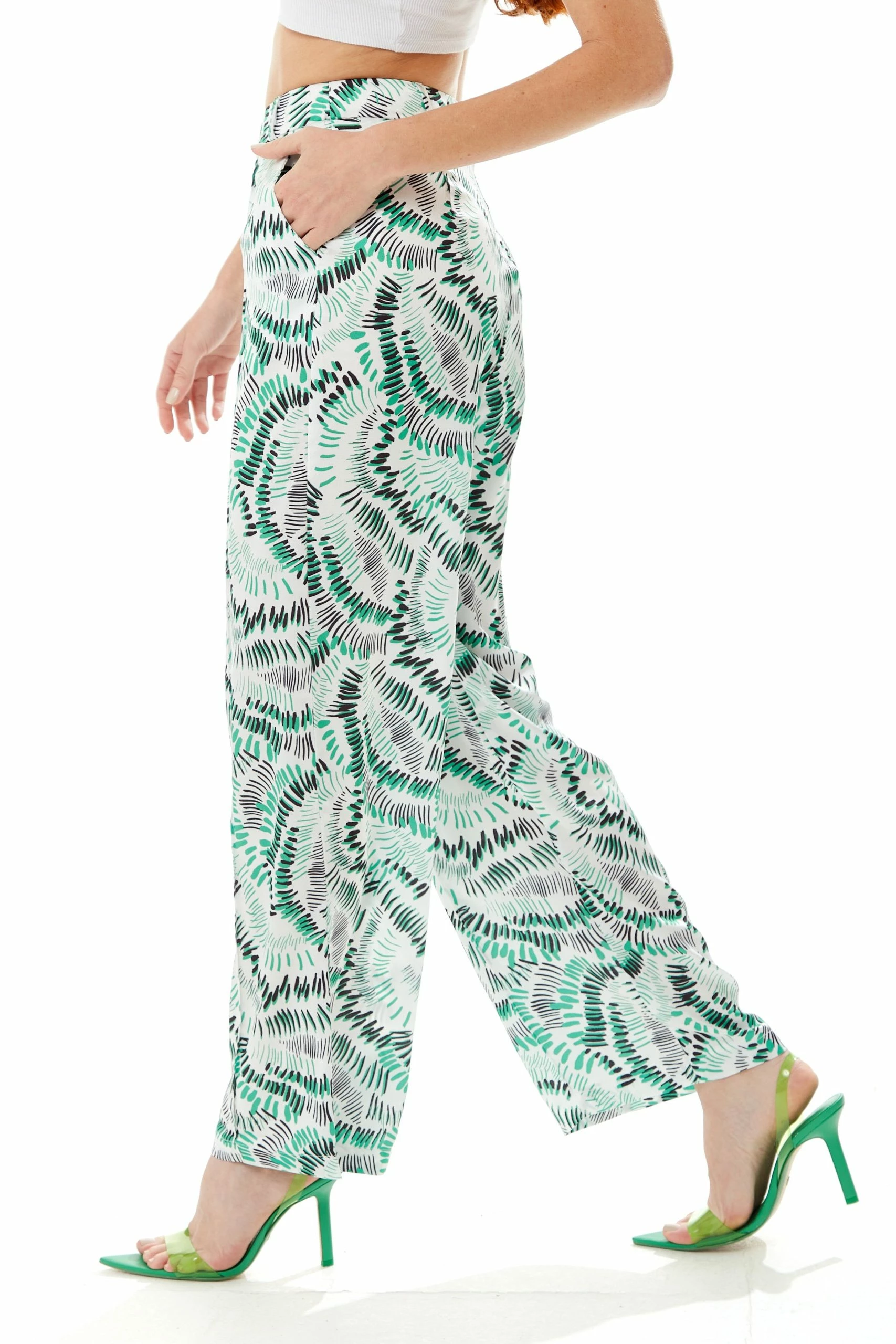 Liquorish Abstract Print Wide Leg Trousers in Green/White 4 Liquorish Abstract Print Wide Leg Trousers in Green/White - Image 2