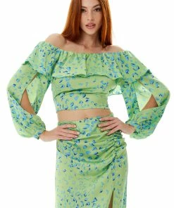 Liquorish ruffle long sleeve off the shoulder top with sleeve slits in green animal