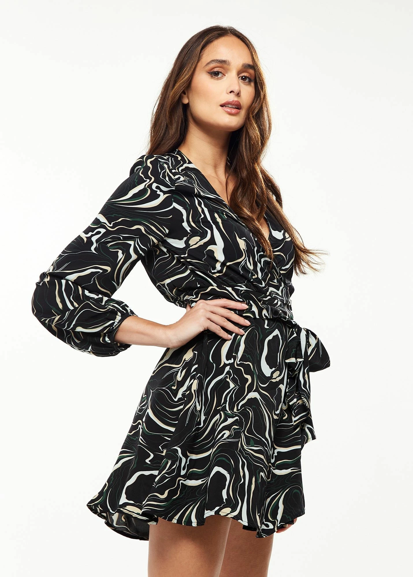 Liquorish Scribble Print Mini Wrap Dress with Long sleeves in Black 5 Liquorish Scribble Print Mini Wrap Dress with Long sleeves in Black - Image 3