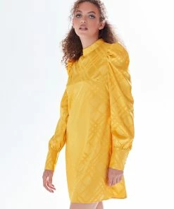 Liquorish check jacquard mini dress with high neck & puff sleeve detail in mustard