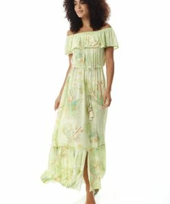 Liquorish Floral and Bird Print Off Shoulder Maxi Dress in Sage Green