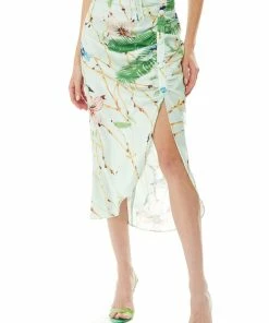 Liquorish Bird Print Midi Skirt in Mint Green
