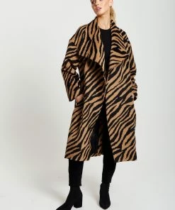 Liquorish Zebra Print Longline Coat in Brown and Black