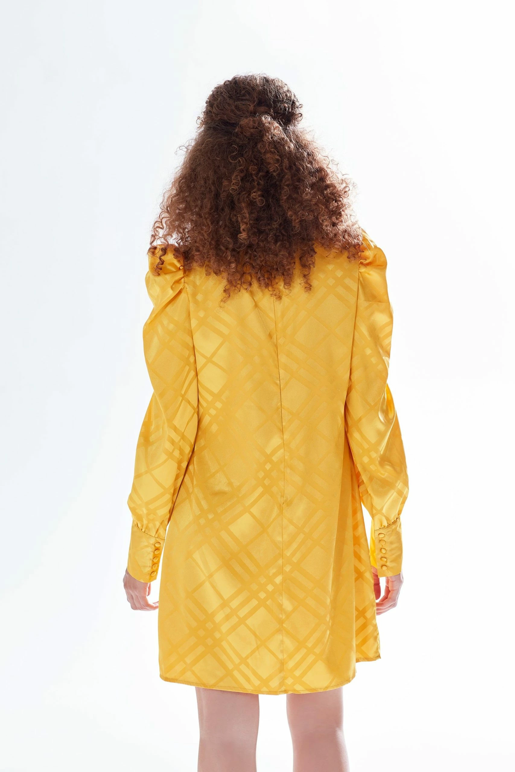 Liquorish check jacquard mini dress with high neck & puff sleeve detail in mustard 5 Liquorish check jacquard mini dress with high neck & puff sleeve detail in mustard - Image 3
