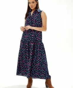 Liquorish Oversized Cherry Print Maxi Dress in Navy