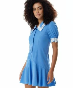 Liquorish Fitted Mini Dress with Lace Details on Collar and Sleeves in Blue