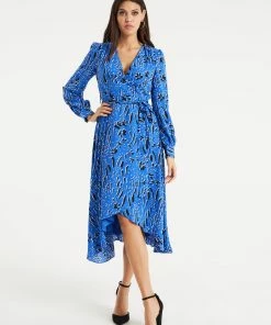 Liquorish Painterly Floral Print Midi Dress in Blue