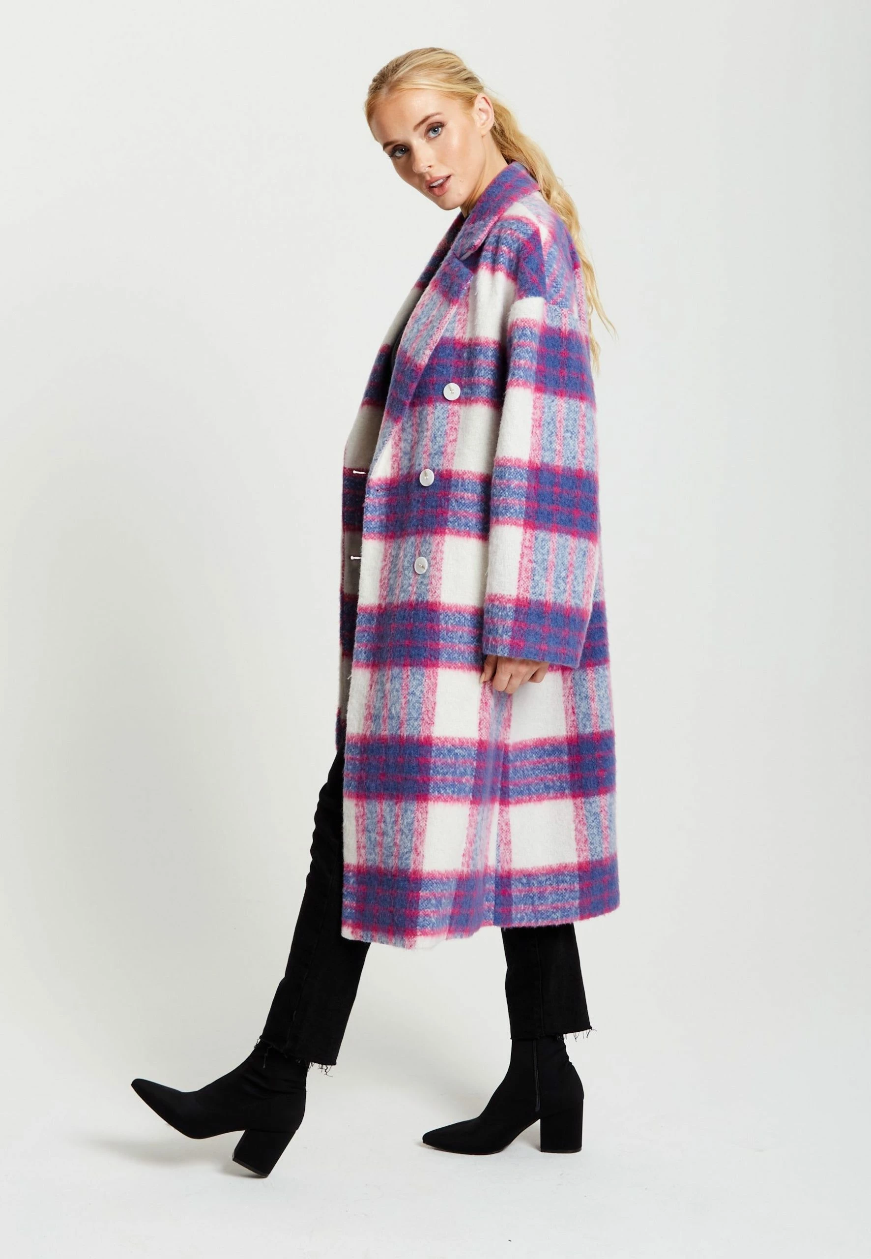 Liquorish Longline Coat in Pink and Navy Checks - Multicolour 6 Liquorish Longline Coat in Pink and Navy Checks - Multicolour - Image 4