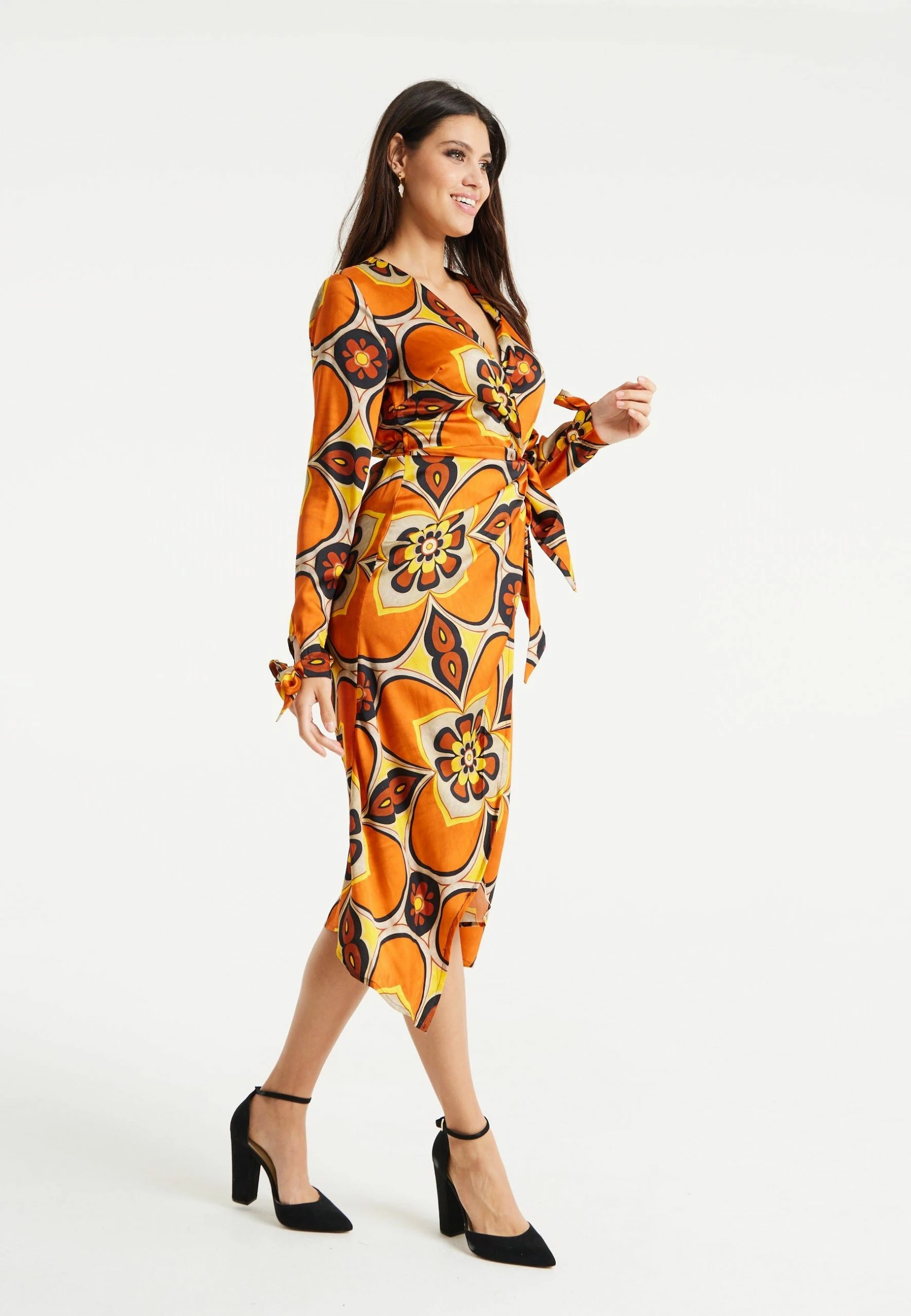 Liquorish Floral Midi Wrap Dress in Orange and Yellow 6 Liquorish Floral Midi Wrap Dress in Orange and Yellow - Image 4