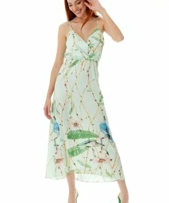 Liquorish Bird Print Cami Midi Dress in Mint Green