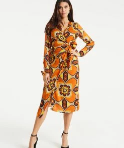 Liquorish Floral Midi Wrap Dress in Orange and Yellow