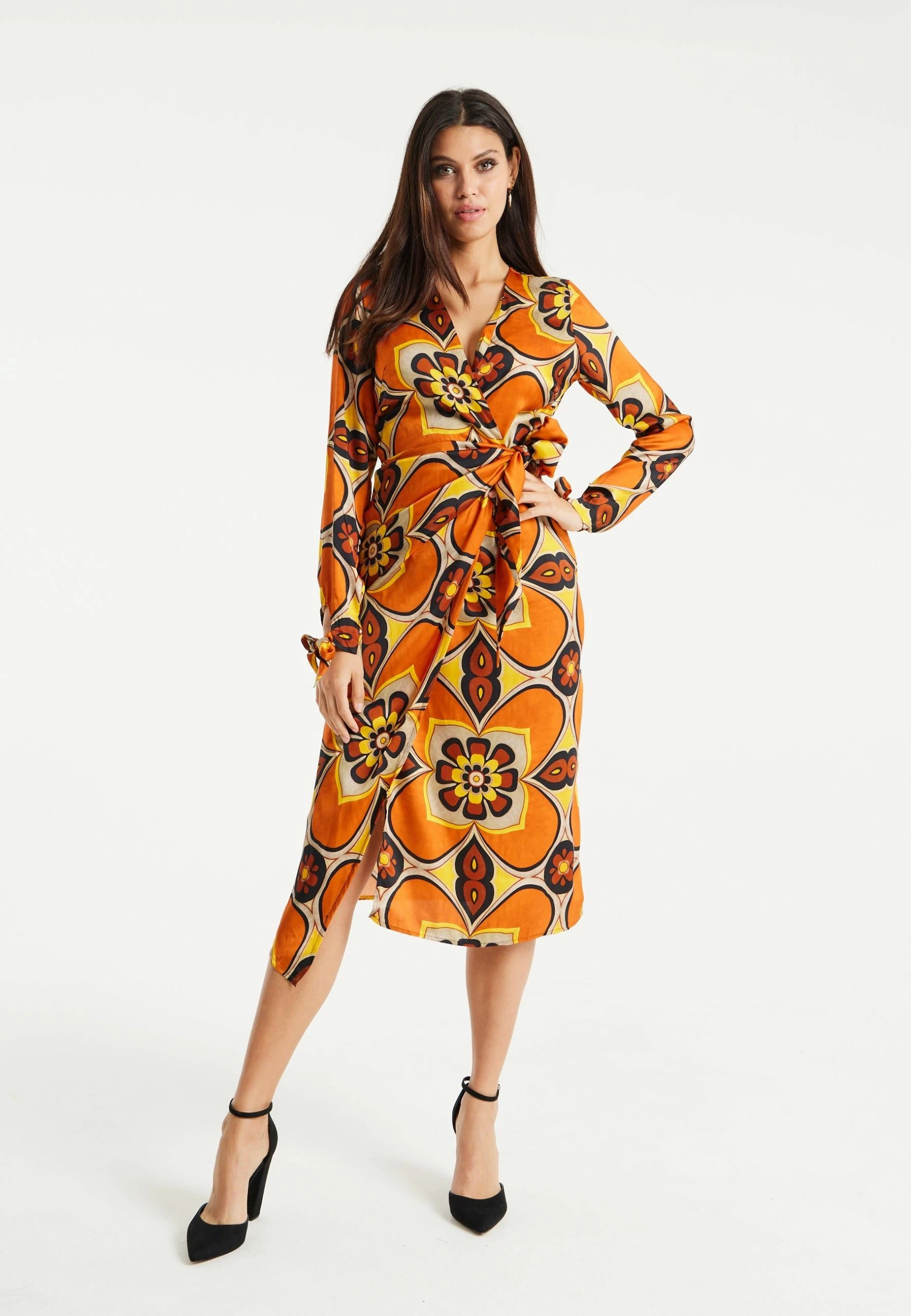 Liquorish Floral Midi Wrap Dress in Orange and Yellow 3 Liquorish Floral Midi Wrap Dress in Orange and Yellow