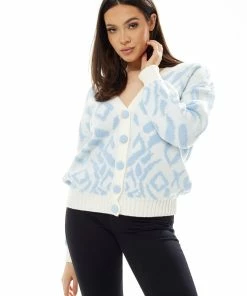 Liquorish Geometric Pattern Cardigan in Blue and White