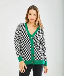 Liquorish Chequered Cardigan in Black and White and Green - Multicolour