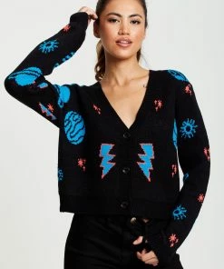 Liquorish Cosmic Pattern Cropped Cardigan in Black