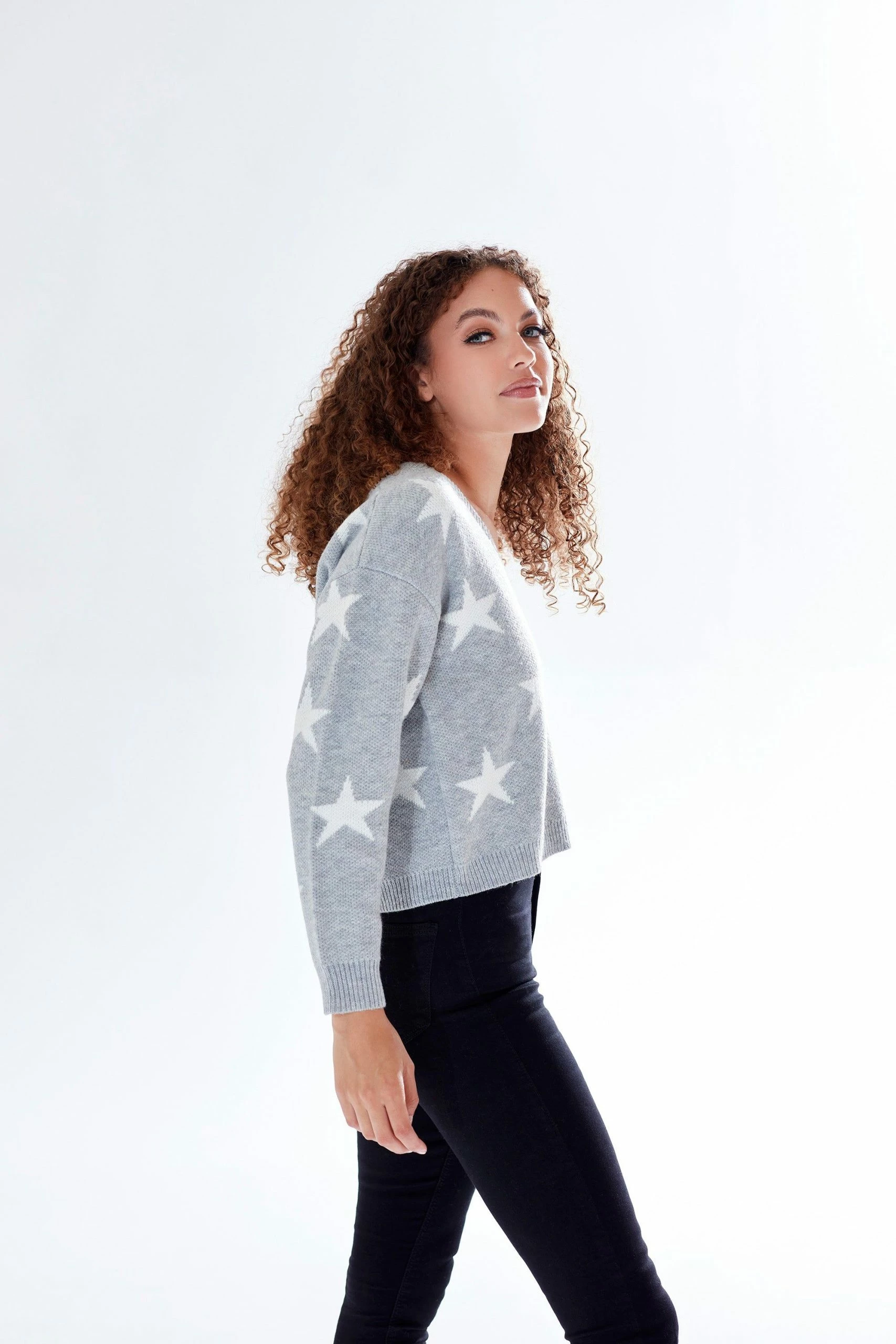 Liquorish Star Pattern V-Neck Button Down Cardigan in Grey & White 5 Liquorish Star Pattern V-Neck Button Down Cardigan in Grey & White - Image 3