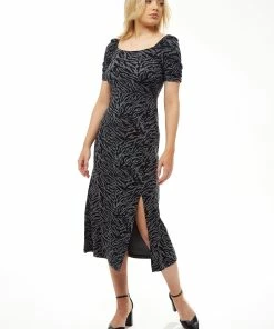 Liquorish Fitted Midi Dress in Black and Grey Zebra Print