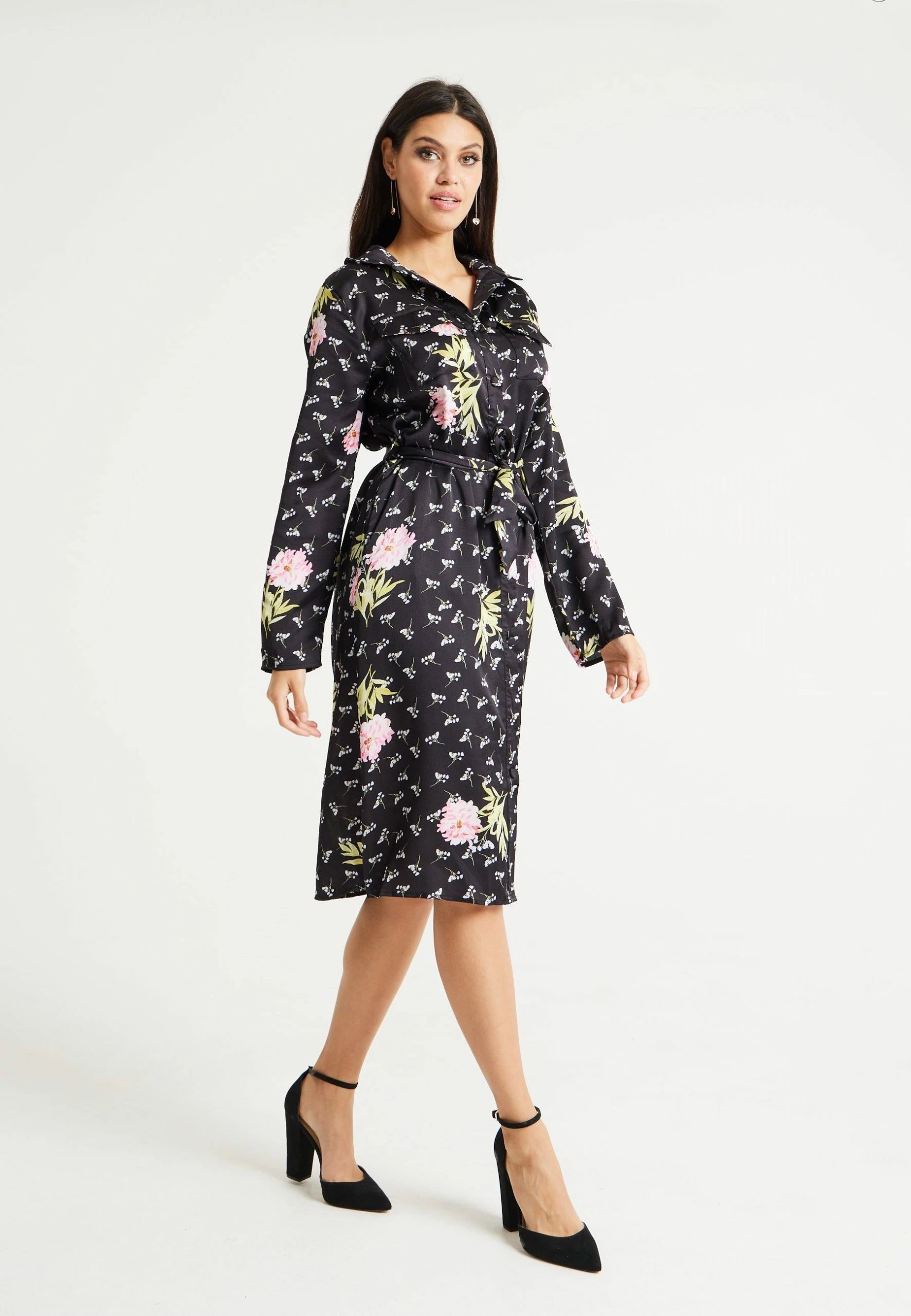 Liquorish Pink Floral Print Shirt Dress in Black 5 Liquorish Pink Floral Print Shirt Dress in Black - Image 3