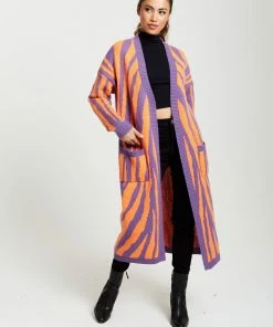 Liquorish Longline Cardigan in Orange and Purple - Multicolour