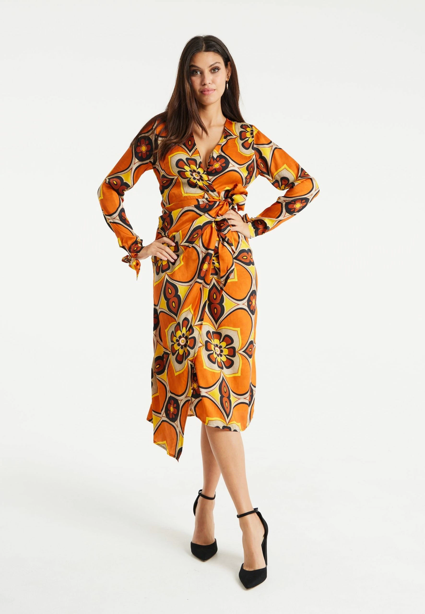 Liquorish Floral Midi Wrap Dress in Orange and Yellow 4 Liquorish Floral Midi Wrap Dress in Orange and Yellow - Image 2