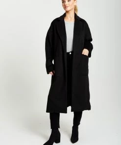 Liquorish Belted Longline Coat in Black