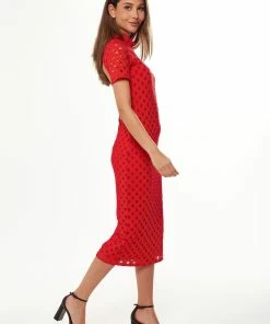 Liquorish Midi Dress with High Neck, Short Sleeves and Open Back Detail in Red -Liquorish Sales Store 485be70defe440a39e8b7d1a45c5f72d