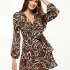 Liquorish Scribble Print Mini Wrap Dress with Long sleeves in Brown