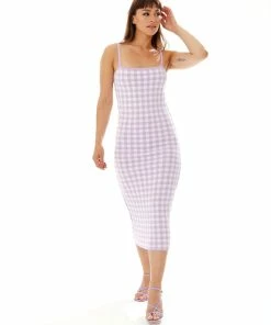 Liquorish Knitted Midi Dress in Lilac and White Check
