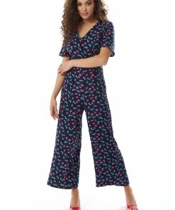 Liquorish Cherry Print Jumpsuit in Navy - Blue
