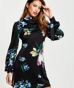 Liquorish Elegant Floral Print A-line Mini Dress - Black