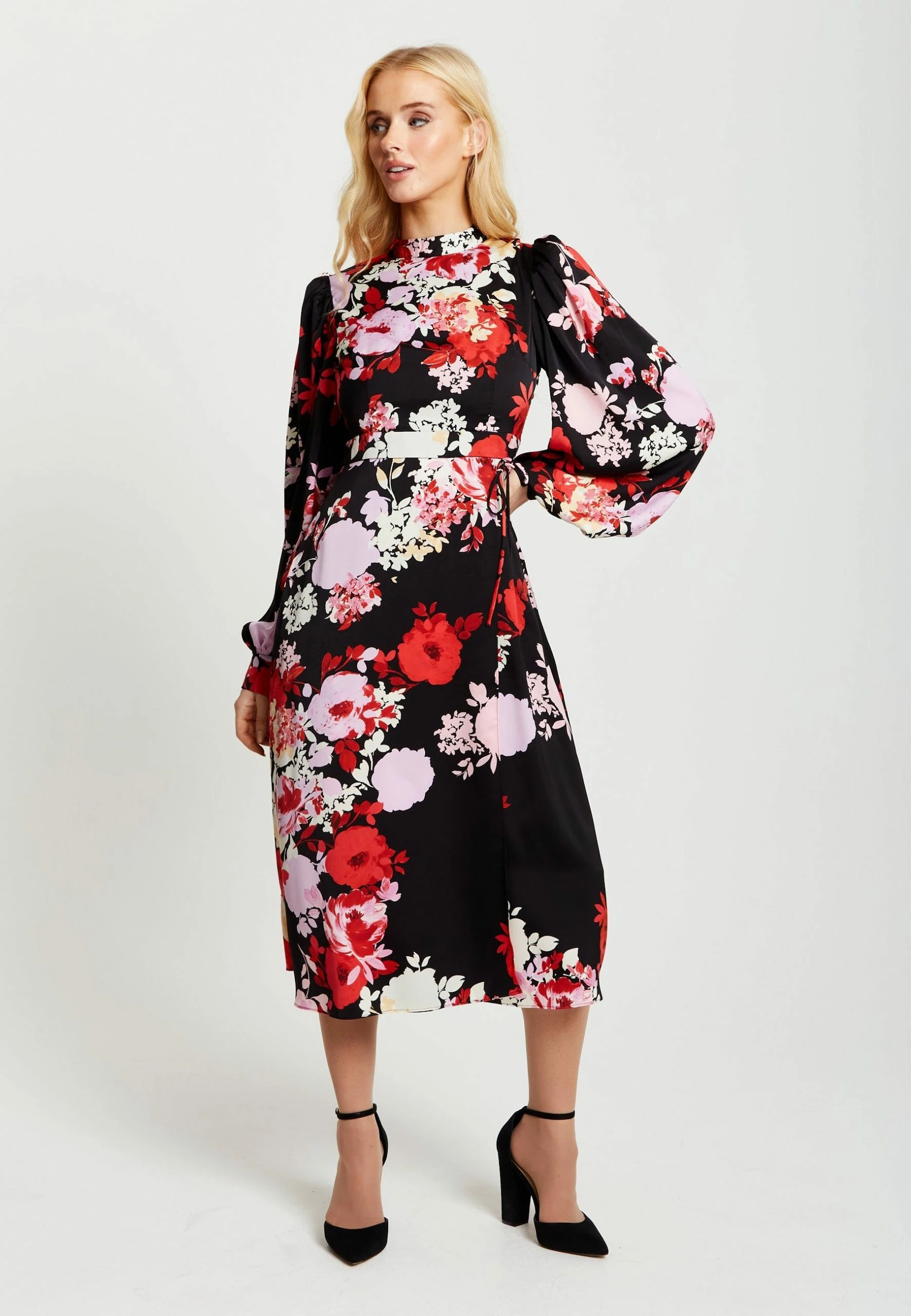 Liquorish Rose Print Midi Wrap Dress with Open Back Detail - Black 4 Liquorish Rose Print Midi Wrap Dress with Open Back Detail - Black - Image 2