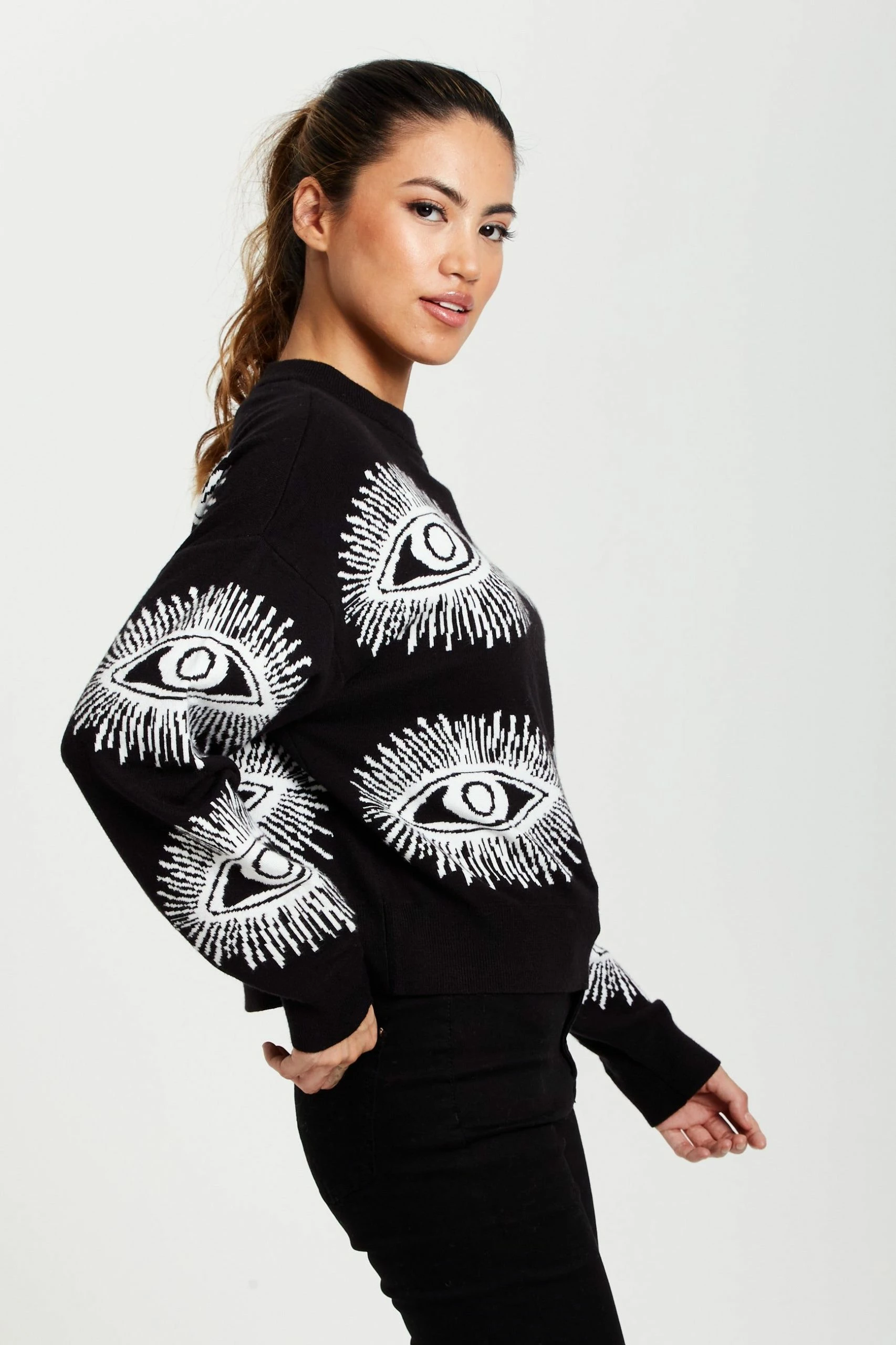 Liquorish Eye Pattern Jumper in Black - Black/White 7 Liquorish Eye Pattern Jumper in Black - Black/White - Image 5