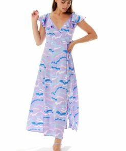 Liquorish abstract zebra print maxi wrap dress in lilac