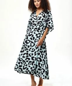 Liquorish Animal Print Midi Wrap Dress with Kimono sleeves in Blue