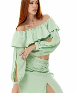 Liquorish ruffle long sleeve off the shoulder top with sleeve slits in mint green -Liquorish Sales Store 56108f620c674c558d8b71afb95e5b6f scaled
