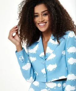 Liquorish Cloud Print Crop Blazer in Blue