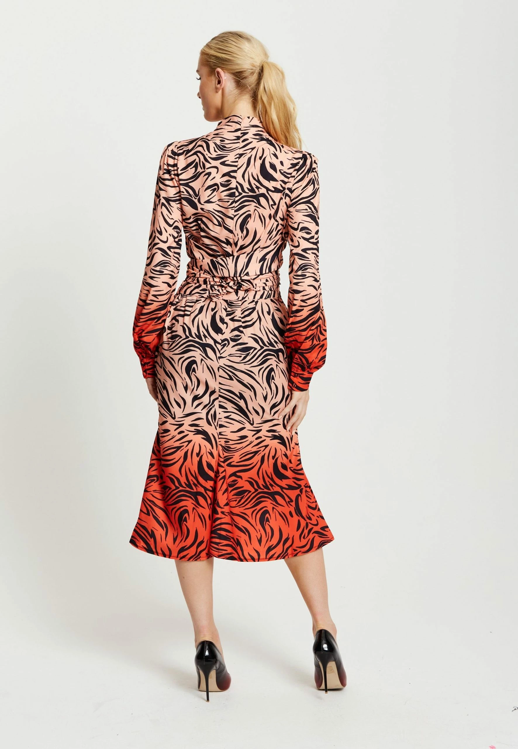 Liquorish Zebra Print Midi Dress with High neck and Draped Waist Detail in Orange and Nude 8 Liquorish Zebra Print Midi Dress with High neck and Draped Waist Detail in Orange and Nude - Image 6