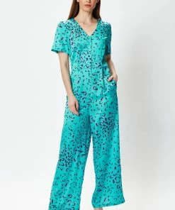 Liquorish Wide Leg Jumpsuit in Blue Animal Print
