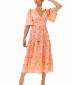 Liquorish Midi Abstract Animal Print Dress in Peach