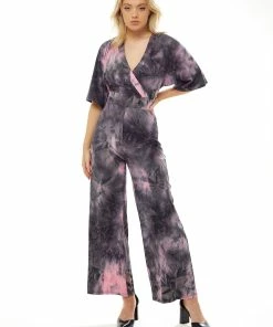 Liquorish Jumpsuit with Short Sleeves in Grey and Pink Tie Dye - Multicolour