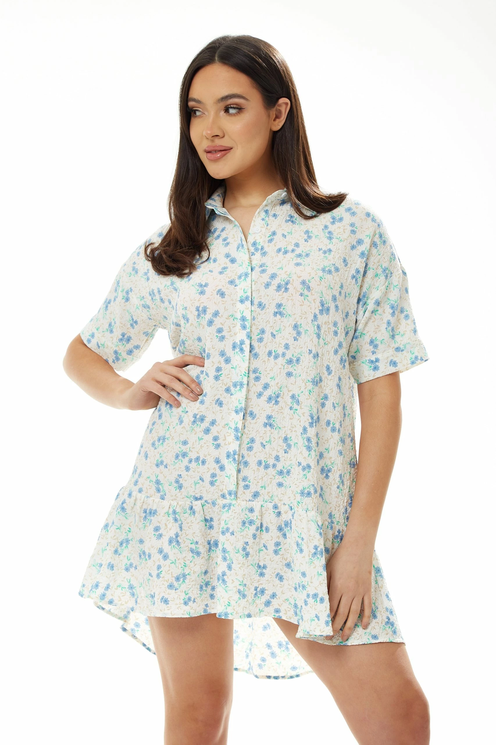Liquorish Blue Floral Mini Shirt Dress in White 4 Liquorish Blue Floral Mini Shirt Dress in White - Image 2