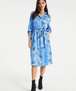 Liquorish Floral Print Shirt Dress in Light Blue