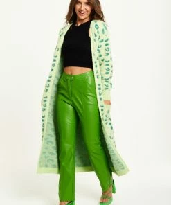 Liquorish Fluffy Longline Cardigan in Green Animal Print