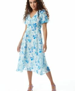 Liquorish Blue Floral Midi Dress with Short Sleeves