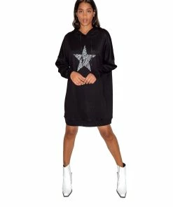 Liquorish Star Print Oversized Loungewear Hoodie Dress in Black