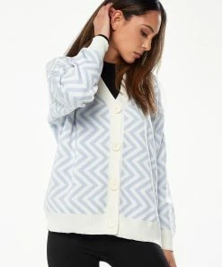 Liquorish Zig Zag Pattern Cardigan in Blue & White